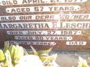 Frederick C. LESCHKE, husband father, died 21 April 1971 aged 67 years; Margaretha E. LESCHKE, mother, died 27 July 1987 aged 80 years; Fernvale General Cemetery, Esk Shire 
