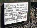 Minnie STALLMAN, wife mother, died 10 Dec 1940 aged 49 years; Christian STALLMAN, father father-in-law grandfather, died 30 July 1970 aged 88 years; Fernvale General Cemetery, Esk Shire 