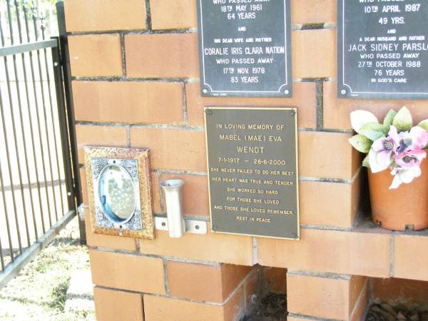 Mabel (Mae) Eva WENDT,  | 7-1-1917 - 26-6-2000;  | Fernvale General Cemetery, Esk Shire  | 