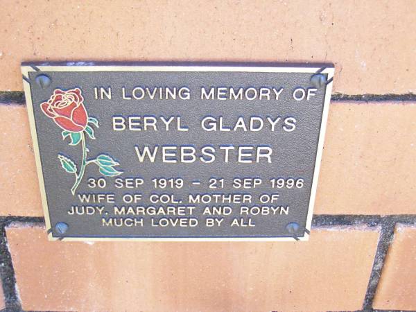 Beryl Gladys WEBSTER,  | 30 Sept 1919 - 21 Sept 1996,  | wife of Col,  | mother of Judy, Margaret & Robyn;  | Fernvale General Cemetery, Esk Shire  | 