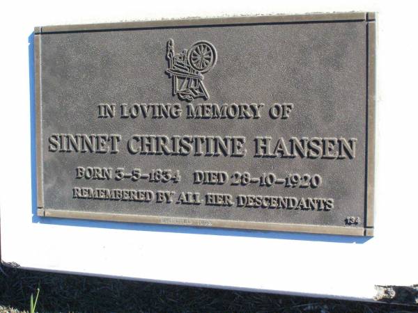 Sinnet Christine HANSEN,  | born 3-5-1834 died 28-10-1920;  | Fernvale General Cemetery, Esk Shire  | 