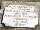 parents; Jane Allen ROBERTS, 1861 - 1936; Alexander Stewart ROBERTS, 1871 - 1940; Forest Hill Cemetery, Laidley Shire 