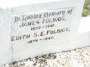
James FOLBIGG,
1870 - 1941;
Edith S.E. FOLBIGG,
1879 - 1947;
Forest Hill Cemetery, Laidley Shire
