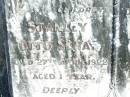 children; Stanley Otto SCHAD, died 27 April 1922 aged 1 year; Elsie May SCHAD, died 31 Dec 1927 aged 11 years 7 months; Forest Hill Cemetery, Laidley Shire 