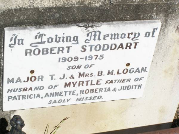 T.J. LOGAN, husband,  | killed in action Quinn's Post Gallipoli  | 7 Aug 1915;  | Percy, infant son,  | died 23 Sept 1908;  | erected by wife & children;  | Beatrice May, wife of T.J. LOGAN,  | died 18 June 1959 aged 82 years;  | Robert Stoddart,  | 1909 - 1975,  | son of T.J.& B.M. LOGAN,  | husband of Myrtle,  | father of Patricia, Annette, Roberta & Judith;  | Forest Hill Cemetery, Laidley Shire  | 