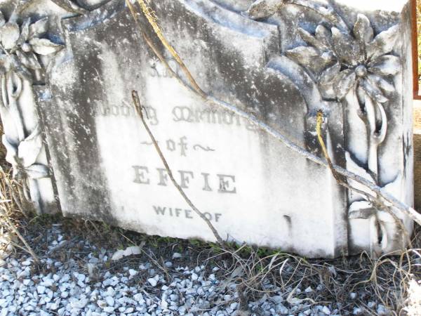 Effie, wife of Joseph WILCHER,  | died 22 June 1913;  | Joseph WILCHER,  | died 7 Aug 1932 aged 84 years;  | Forest Hill Cemetery, Laidley Shire  | 