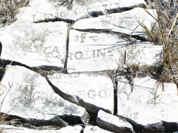 Caroline, wife of G. GREGORY,  | died 8 Oct 1917 aged 81 years;  | George GREGORY,  | died 2 Aug 1920 aged 79 years;  | Forest Hill Cemetery, Laidley Shire  | 