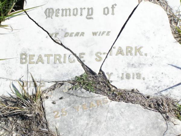 Beatrice STARK, wife,  | died 1 July 1919 aged 25 years;  | Forest Hill Cemetery, Laidley Shire  | 