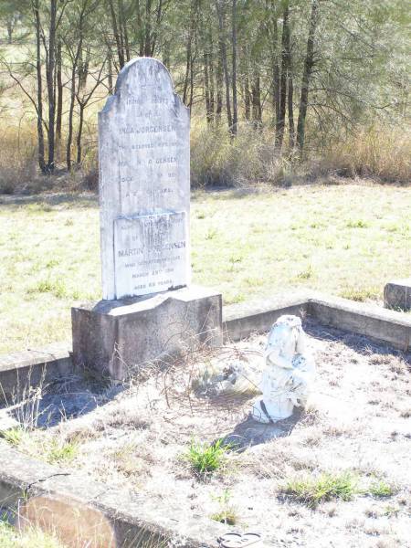 Inga JORGENSEN,  | wife of Martin JORGENSEN,  | died 5 July 1911 aged 70 years;  | Martin JORGENSEN, father,  | died 29 March 1916 aged 69 years;  | Forest Hill Cemetery, Laidley Shire  | 