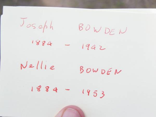 Joseph BOWDEN, husband father,  | 1884 - 1942;  | Nellie BOWDEN, mother,  | 1884 - 1953;  | Forest Hill Cemetery, Laidley Shire  | 