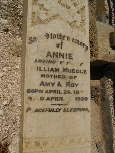 Annie MUEGGE,  | (wife of William MUEGGE, mother of Amy and Roy, b:26 Apr 1866, d: 3 Apr 1920)  | Fowlers Bay cemetery, South Australia  | 