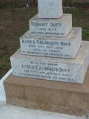 
Robert DUFF
26 Oct 1926
aged 47

wife
Agnes Galbraith DUFF
died Scotland 9 Jul 1955
ashes interred 2 Jun 1958

The Gap Uniting Church, Brisbane
