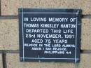 
Thomas Kingsley HANTON
23 Nov 1991
aged 75

The Gap Uniting Church, Brisbane
