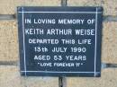 Keith Arthur WEISE
13 Jul 1990
aged 53
The Gap Uniting Church, Brisbane