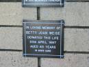 Betty Joan WEISE
20 Apr 1997
aged 63
The Gap Uniting Church, Brisbane