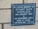 
Stuart Glen SHERLOCK
B: 13 Jan 1963
D: 11 Nov 2004
aged 41

The Gap Uniting Church, Brisbane
