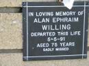 
Alan Ephraim WILLING
5 May 1991
aged 75

The Gap Uniting Church, Brisbane
