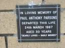 
Paul Anthony PARSONS
24 Mar 1987
aged 30

The Gap Uniting Church, Brisbane
