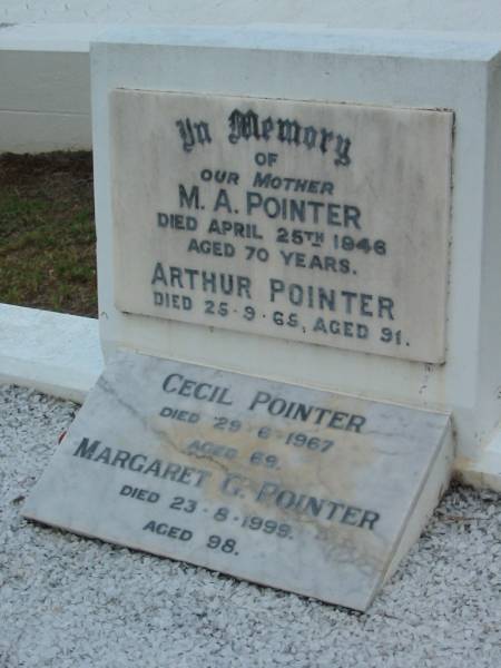 M A POINTER  | 25 Apr 1948  | aged 70  |   | Arthur POINTER  | 25-9-65  | aged 91  |   | Cecil POINTER  | 29-6-1967  | aged 69  |   | Margaret G POINTER  | 23-8-1999  | aged 98  |   | The Gap Uniting Church, Brisbane  | 