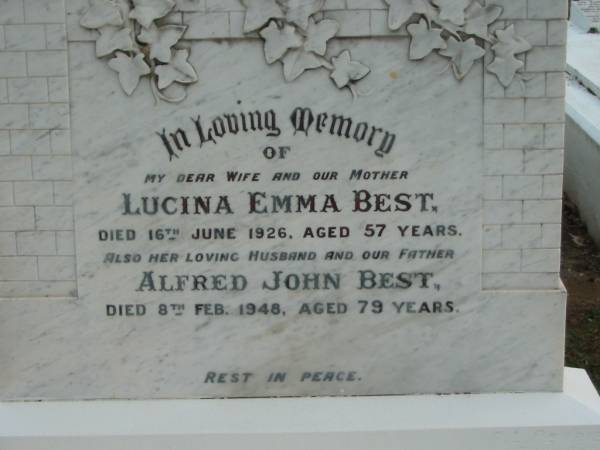 Lucina Emma BEST  | 16 Jun 1926  | aged 57  |   | Alfred John BEST  | 8 Feb 1948  | aged 79  |   | The Gap Uniting Church, Brisbane  | 