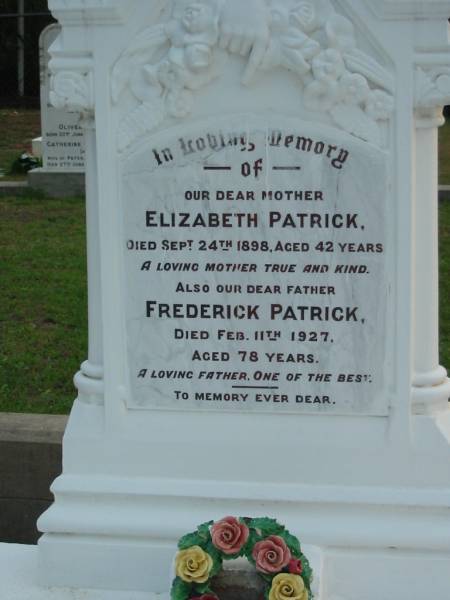 Elizabeth PATRICK  | 24 Sep 1898  | aged 42  |   | Frederick PATRICK  | 11 Feb 1927  | aged 78  |   | The Gap Uniting Church, Brisbane  | 