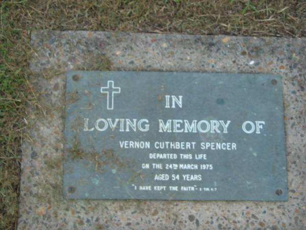 Vernon Cuthbert SPENCER  | 24 Mar 1975  | aged 54  |   | The Gap Uniting Church, Brisbane  | 