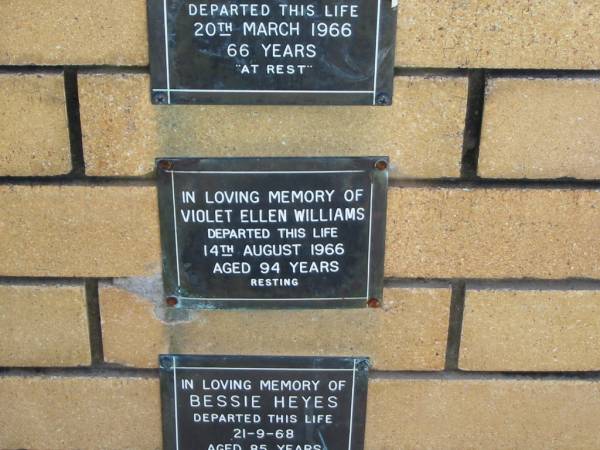 Violet Ellen WILLIAMS  | 14 Aug 1966  | aged 94  |   | The Gap Uniting Church, Brisbane  | 