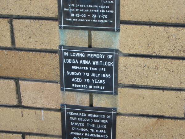 Louisa Anna WHITLOCK  | 7 Jul 1985  | aged 79  |   | The Gap Uniting Church, Brisbane  | 