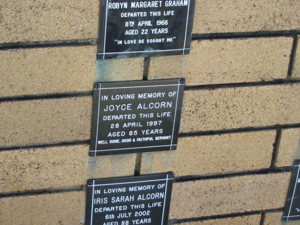 Joyce ALCORN  | 28 Apr 1997  | aged 85  |   | The Gap Uniting Church, Brisbane  | 