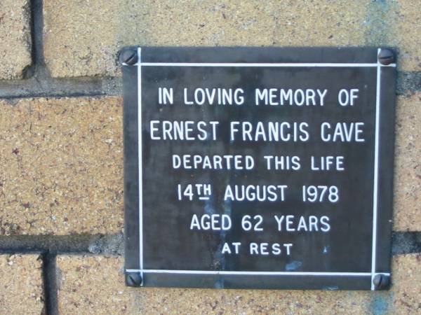 Ernest Francis CAVE  | 14 Aug 1978  | aged 62  |   | The Gap Uniting Church, Brisbane  | 