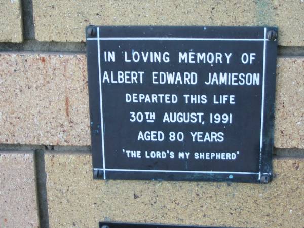 Albert Edward JAMIESON  | 30 Aug 1991  | aged 80  |   | The Gap Uniting Church, Brisbane  | 