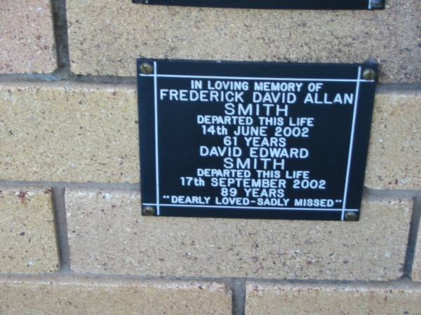 Frederick David Allan SMITH  | 14 Jun 2002  | aged 61  |   | David Edward SMITH  | 17 Sep 2002  | aged 89  |   | The Gap Uniting Church, Brisbane  | 