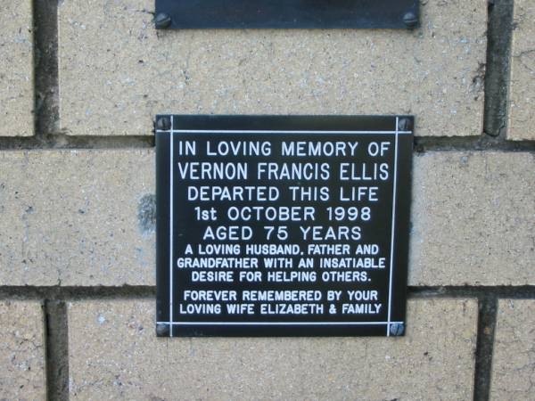 Vernon Francis Ellis  | 1 Oct 1998  | aged 75  | wife Elizabeth  |   | The Gap Uniting Church, Brisbane  | 