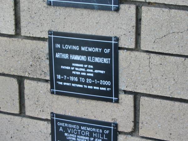 Arthur Hammond KLEINDIENST  | B: 18 Jul 1916  | D: 20 Jan 2000  |   | wife: Eva  | children: Valerie, John, Jeffrey, Peter and Anne  |   | The Gap Uniting Church, Brisbane  | 