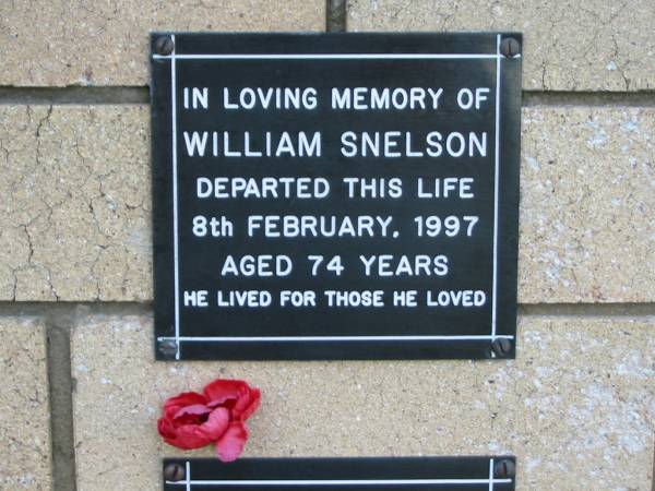 William SNELSON  | 8 Feb 1997  | aged 74  |   | The Gap Uniting Church, Brisbane  | 
