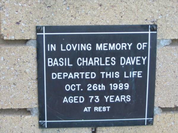 Basil Charles DAVEY  | 26 Oct 1989  | aged 73  |   | The Gap Uniting Church, Brisbane  | 