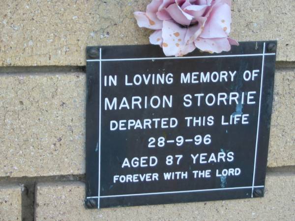 Marion STORRIE  | 28 Sep 1996  | aged 87  |   | The Gap Uniting Church, Brisbane  | 