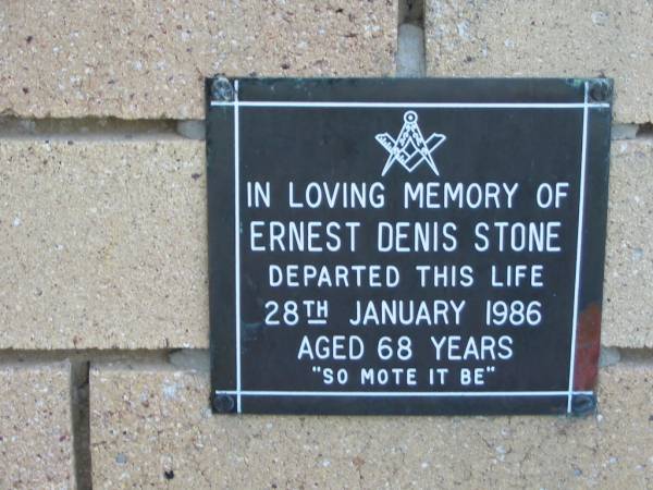 Ernest Denis STONE  | 28 Jan 1986  | aged 68  |   | The Gap Uniting Church, Brisbane  | 