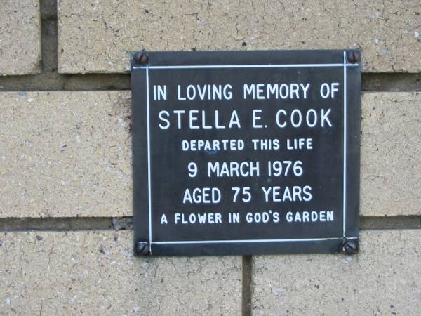 Stella E COOK  | 9 Mar 1976  | aged 75  |   | The Gap Uniting Church, Brisbane  | 