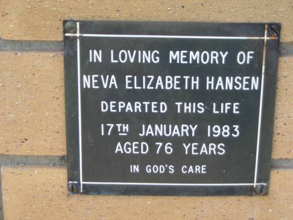 Neva Elizabeth HANSEN  | 17 Jan 1983  | aged 76  |   | The Gap Uniting Church, Brisbane  | 