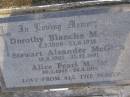 
Dorothy Blanche MCGINN,
6-3-1906 - 23-6-1976;
Stewart Aleander MCGINN,
18-8-1902 - 25-12-1981;
Alice Pearl MILLER,
30-3-1945 - 24-6-1991;
Gheerulla cemetery, Maroochy Shire
