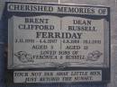 
Brent Clifford FERRIDAY,
3-11-1991 - 4-4-1997 aged 5 years;
Dean Russell FERRIDAY,
6-8-1988 - 29-1-2002 aged 13 years;
sons of Veronice & Russell;
Gheerulla cemetery, Maroochy Shire
