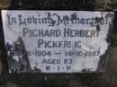 
Richard Herbert PICKERING,
23-6-1904 - 14-10-1987 aged 83 years;
Gheerulla cemetery, Maroochy Shire
