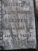 
William Henry GROVES,
died 18 Aug 1944 aged 78 years;
Alice Minnie GROVES,
died 1 April 1929 aged 63 years;
Gheerulla cemetery, Maroochy Shire
