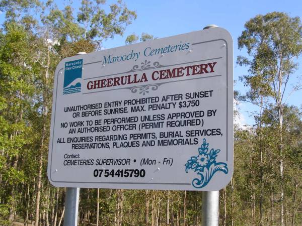 Gheerulla cemetery, Maroochy Shire  |   | There are also a number of other new burial sites - currently without headstones  | Row 6, Plot 1 Gregory Thomas Woods  | Row 6 Plot 2 Colin Loweke  | Row 4 Plot 32 Coral Janet Welch  | Row 5 Plot 8 Elva Mary Stewart  |   | 