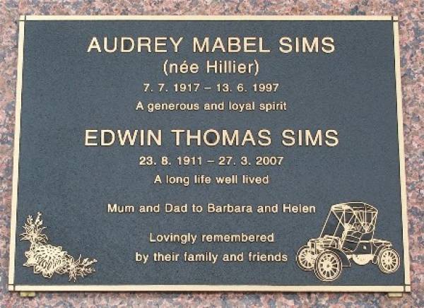 Audrey Mabel SIMS (nee Hillier)  | 7.7.1917 - 13.6.1997  | Edwin Thomas SIMS  | 23.8.1911 - 27.3.2007  | Mum and dad to Barbara and Helen  | Gheerulla cemetery, Maroochy Shire  | Copyright: Meldrums of Gheerulla  | 