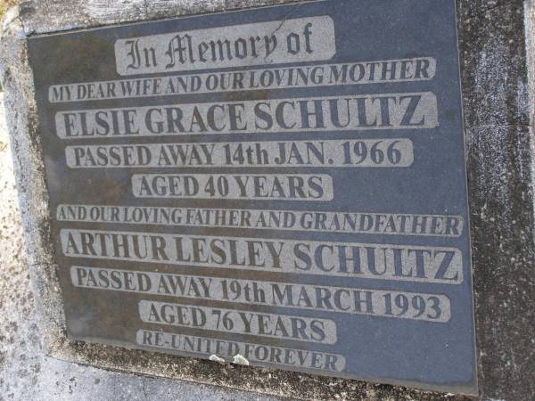 Elsie Grace SCHULTZ, wife mother,  | died 14 Jan 1966 aged 40 years;  | Arthur Lesley SCHULTZ, father grandfather,  | died 19 March 1993 aged 76 years;  | Gheerulla cemetery, Maroochy Shire  | 