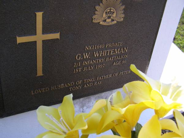 G.W. WHITEMAN,  | died 1 July 1997 aged 86 years,  | husband of Ting,  | father of Peter, Tony & Ray;  | Gheerulla cemetery, Maroochy Shire  | 