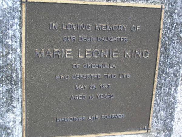 Marie Leonie KING, daughter,  | died 23 May 1947 aged 19 years;  | Gheerulla cemetery, Maroochy Shire  | 
