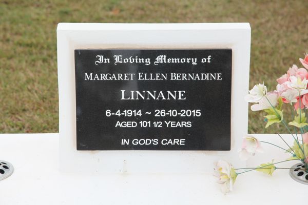 Margaret Ellen Bernadine LINNANE  | b: 6 Apr 1914  | d: 26 Oct 2015  | aged 101 1/2 y  | Burial ID (left/south) 3790B  | Plot location (left/south) Position 48 Row 8 Section D  |   | Dennis Joseph LINNANE  | d: 2 Nov 1978 aged 68  | Burial ID (left/south) 3790A  | Plot location (left/south) Position 47 Row 8 Section D  |   | Gladstone Cemetery  | Copyright 2021 Hoylen Sue  |   | 
